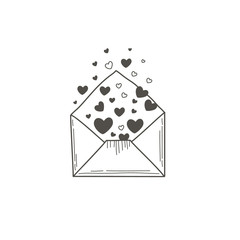 An open letter with hearts. Vector illustration by hand. Linear sketch in the style of doodle