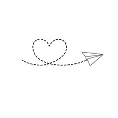 Paper plane with dotted line heart. Vector linear illustration by hand. Doodle drawing,
