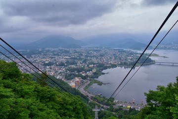 Obraz premium Views around Mount Fuji Japan, including Kawaguchiko Tenjozan Park, Lake Kawaguchi from ferry boat on the lake and the gondola observation. Asia.