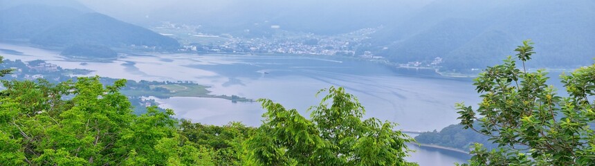 Views around Mount Fuji Japan, including Kawaguchiko Tenjozan Park, Lake Kawaguchi from ferry boat on the lake and the gondola  observation. Asia.