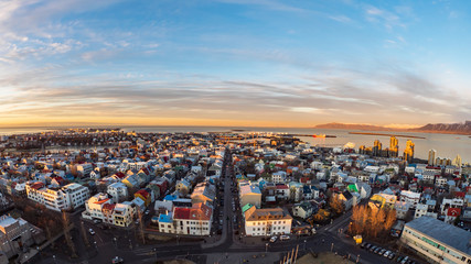 Obraz premium Golden hour Reykjavik aerial view