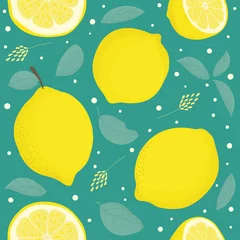 Fototapete Gelb Nahtloses Muster der Zitrone Zitrusfrüchte mit Blättern. Tropischer Hintergrund Heller Vektordruck für Stoff oder Tapete.
