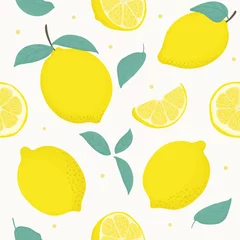 Tapeten Zitronen Zitronen-Zitrusfrucht nahtloses Muster mit Blättern. Tropischer Hintergrund Heller Vektordruck für Stoff oder Tapete.