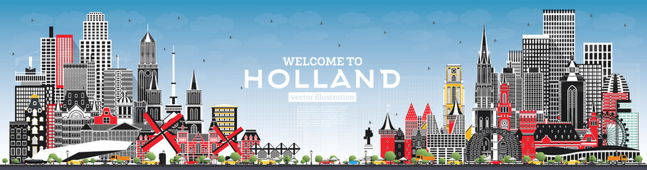 Welcome to Netherlands Skyline with Gray Buildings and Blue Sky.