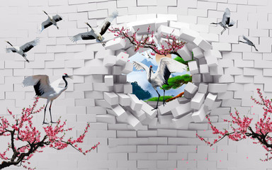 Fototapety  3d illustration, a broken brick wall, cranes, sakura branches, sunset in a fault wall