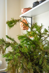 Ceramic white Christmas tree toys on fresh fir branches. Closeup antique antique aged copper utensils