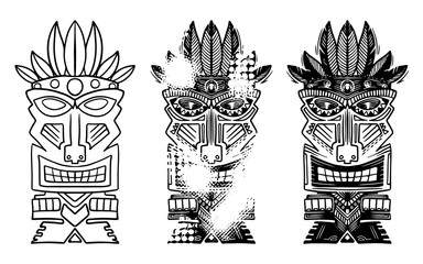 Ancient Tiki idols hand drawn illustrations set