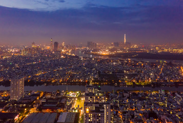 Fototapeta na wymiar Panoramic aerial night photo of Ho Chi Minh City, Saigon, Vietnam