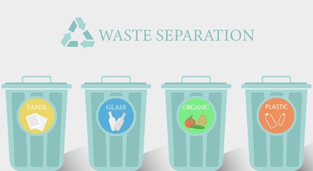 Reduce, reuse, recycle waste. Recycling trash. Trash bins with different types of waste for recycling: paper, organic, plastic, glass. Flat cartoon vector illustration icon. 