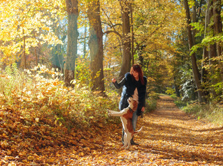 Young woman walking with a dog in the autumn park.