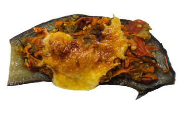 Baked stuffed eggplant with mayonnaise and cheese. Turkish and Balkan cuisine. Isolated image on a white background.