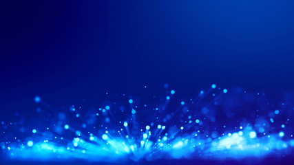3d rendering of abstract blue background with glowing particles like micro world science fiction with depth of field and bokeh. Blue light rays like laser show for bright festive presentation