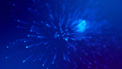 Naklejka na ściany i meble 3d rendering of abstract blue background with glowing particles like micro world science fiction with depth of field and bokeh. Blue light rays like laser show for bright festive presentation