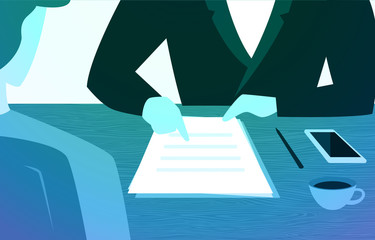 Obraz premium Boss Giving Instructions Explanations to Employee About File on Wooden Table Illustration