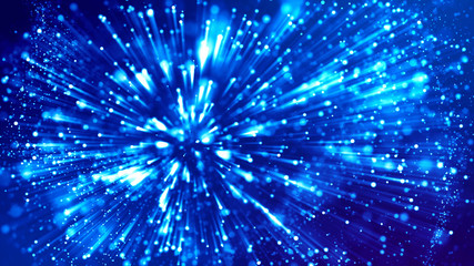 Fototapeta na wymiar 3d rendering of abstract blue background with glowing particles like micro world science fiction with depth of field and bokeh. Blue light rays like laser show for bright festive presentation