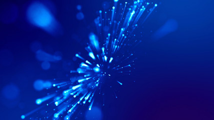 Fototapeta na wymiar 3d rendering of abstract blue background with glowing particles like micro world science fiction with depth of field and bokeh. Blue light rays like laser show for bright festive presentation