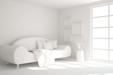 Mock up of stylish room in white color with sofa. Scandinavian interior design. 3D illustration