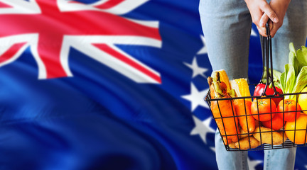 Woman is holding supermarket basket, Costa Rica waving flag background. Economy concept for fresh...