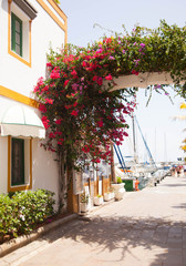 Fototapeta na wymiar Gran Canaria, Spain - Typical architecture of Puerto de Mogan, a small fishing port of Gran Canaria. Colorfull flowers blooming around houses.