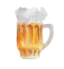 Hand drawn watercolor oktoberfest set, mugs, barrel and glasses of beer, sausages, wurst, wheat and pretzels, hand drawn illustration