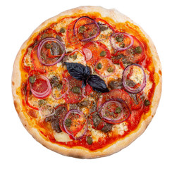 Pizza with veal tenderloin, pepper and sweet onion rings. On the stone table