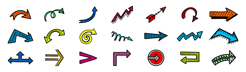 Set of hand drawn multicolored arrow icons, sketch direction, location, next, left right symbols and other