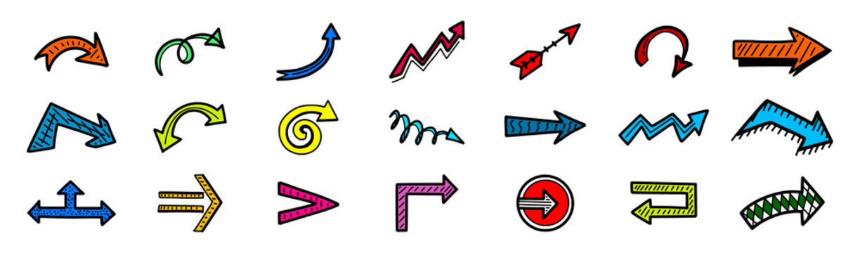 Set of hand drawn multicolored arrow icons, sketch direction, location, next, left right symbols and other