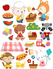 many animal gathering together in a picnic theme