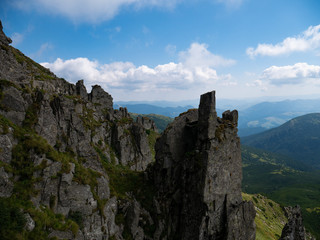 Mountain valley during sunrise / sunset. Natural summer landscape. Colorful summer landscape in the Carpathian mountains.