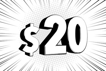 20$ twenty price symbol. Comic numbers with dollar sign on speed line bubble