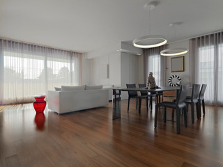 interior view of a modern living room in the  foregorund the modern dining table with its leather chairs, the floor is made of wood