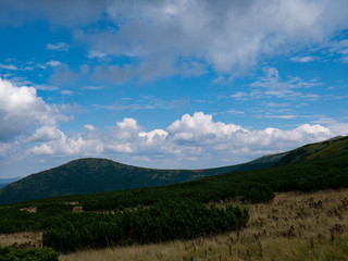 Mountain valley during sunrise / sunset. Natural summer landscape. Colorful summer landscape in the Carpathian mountains.