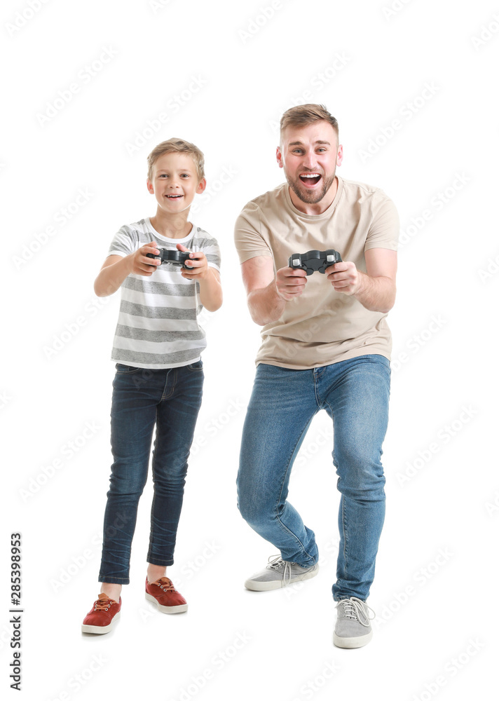 Poster Portrait of father and son playing video game on white background