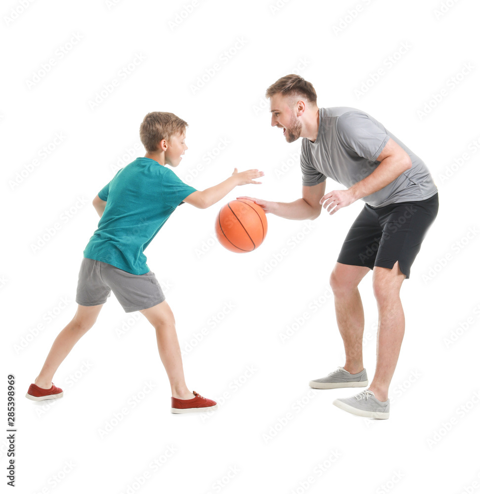 Poster father and son playing with ball on white background