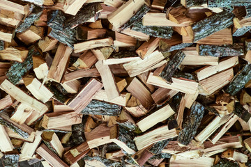 A pile of punctured firewood. Harvested wood for the stove
