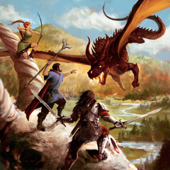 scène de heroic fantasy avec elfe guerrier et mage attaquant un dragon rouge - obrazy, fototapety, plakaty