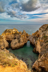 Fototapeta na wymiar Rock formations at Ponta da Piedade near Lagos at the southern coast of the Algarve, Portugal.