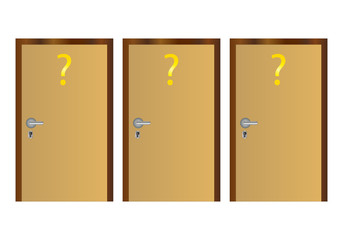 Tres puertas con interrogaciones amarillas.