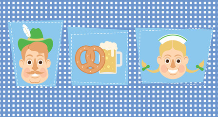 Oktoberfest vector icon set with man, woman, pretzel and beer. Vector illustration in flat style isolated on traditional blue and white pattern background. Set of funny stickers for Oktoberfest