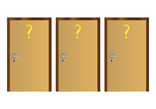 Tres puertas con interrogaciones amarillas.