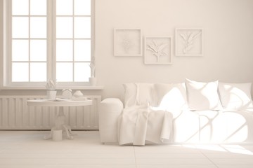 Mock up of stylish room in white color with sofa. Scandinavian interior design. 3D illustration