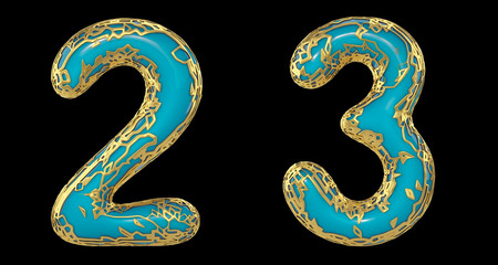 Number set 2, 3 made of realistic 3d render golden shining metallic. Collection of gold shining metallic with turquoise color plastic symbol