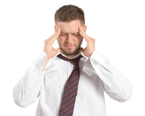 Businessman having panic attack on white background