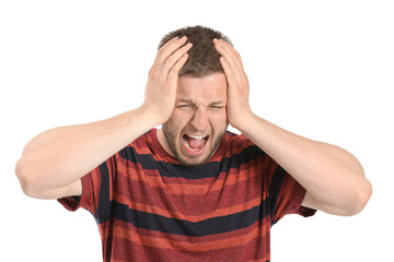 Man having panic attack on white background