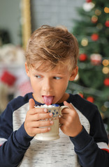 Cute little boy drinking hot chocolate with marshmallows at home on Christmas eve
