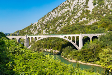 Solkan bridhe on the River Soca, Slovenia