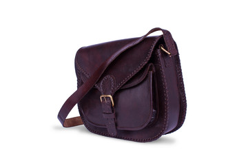 Naklejka premium Side Angle Of Black Leather Bag On Isolated White Background