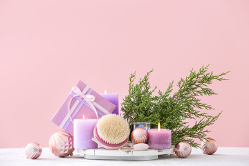 Christmas decor and products for spa treatment on table