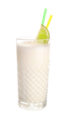 Glass of tasty Pina Colada cocktail on white background