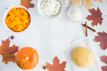 Obraz na płótnie Canvas Ingredients for pumpkin pie for thanksgiving celebration